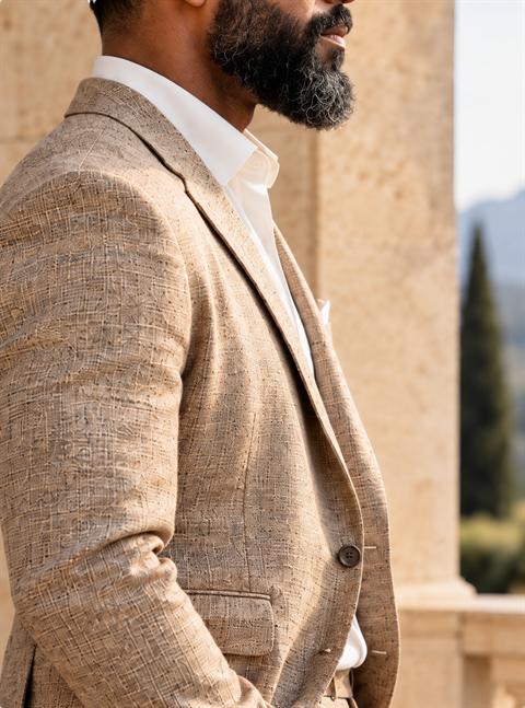 Profile of a man with a full beard wearing a linen blazer