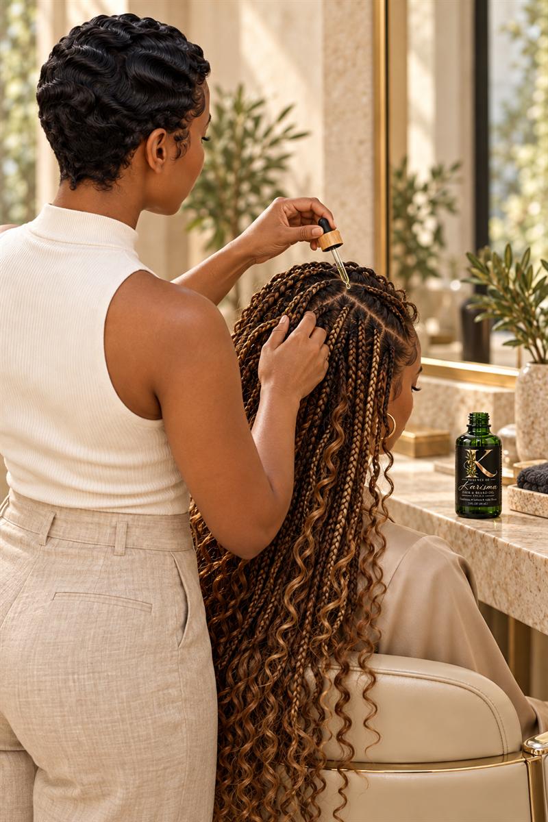 Stylist applying Karisma oil to a client's braids in a sunlit salon